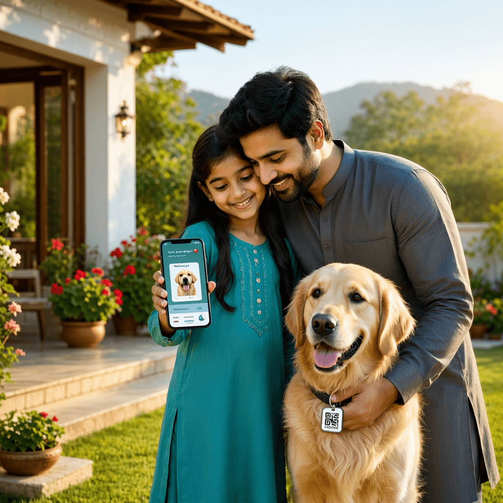 A pet wearing a PetCenter QR collar tag linked to its lifetime digital passport.